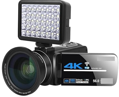 AUBEST Videocamera Videocamera Full 4k Videocamera Professionale Streaming Live Visione Notturna Fotocamere digitali da 58 MP Registrazione Vlog(64G SD Card,with Lens Light)