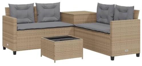 vidaXL Gartensofa in L-Form, Ecksofa mit Tisch Kissen, Sitzgruppe für Garten Terrasse Balkon, Gartenmöbel Sofagarnitur, Beige Poly Rattan
