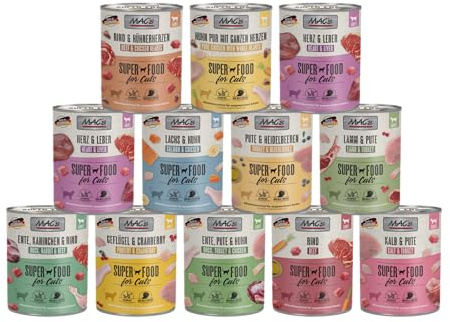 Mac's Cat 12 x 800g Mixpaket | Garantierter 6-Sorten-Mix | Getreidefreies Premium-Nassfutter für Katzen | Ideale Kombination aus hochwertigen Zutaten + Gratis Milky Shake Sachet