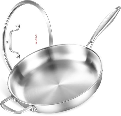 DELARLO Stainless Steel Pan 14-Inch, Large Frying Pan with Lid, Heavy Duty, Compatible with Induction, Gas and Electric up to 650℉, Fast & Even Heating, Durable, Dishwasher, Oven Safe Skillet