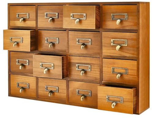 Flexzion Apothecary Cabinet with Drawers - 16 Vintage Apothecary Drawers Desktop Organizer for Home & Office - Wooden Tabletop Library Card Catalog Cabinet Storage for Jewelry, Makeup & Tools, Brown