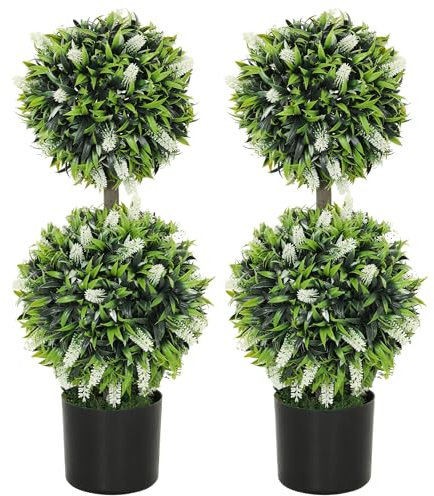 HOMCOM Set of 2 Decorative Artificial Plants Ball Trees with Lavender Flowers in Pot Fake Plants for Home Indoor Outdoor Decor, 70cm, White