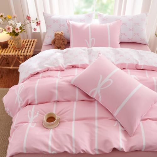 Freyamy Mädchen Bettwäsche 135x200 cm, Rosa Schleifen Bettwäsche Set 2teilig, Weiß Schleifen Wende Bettwäsche für Kinder,Weich Bettbezug mit Reißverschluss + 1 Kissenbezug 80x80 cm