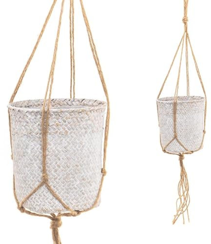 ROCKING GIFTS Macetero Colgante de Mimbre Blanco, Cesta Decoración Boho Elegante Interior, Tiesto Planta Artificial, 17cm