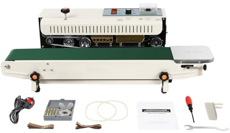 Sealing Machine 500W Industrial Bag Continuous Heat Sealer with Date Embossing (0-12m/min Adjustable) for Food Pharmaceutical E-commerce Packaging