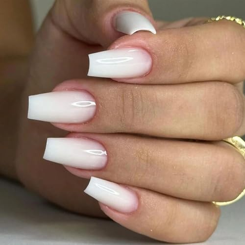 French Tip False Nails - Coffin Press on Nails White Long Ballerina Acrylic Gel Fake Nail Pure Color Design - Reusable Glossy Stick on Fingernails with Adhesive Glue Nail Art Kit 24Pcs