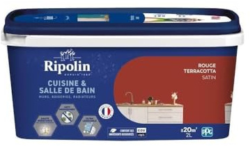 RIPOLIN - Peinture Intérieure Cuisine et Bain – Murs, Boiseries et Radiateurs - Adapté Pièces Humides - Effet Perlant - Lessivable - Haute Résistance - Rouge Terracota - Satin - 2L