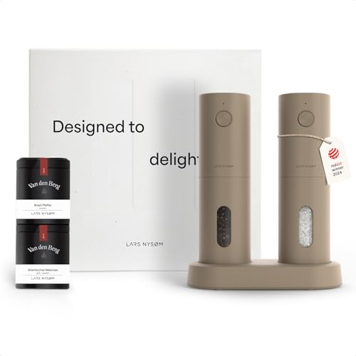 LARS NYSØM Macina spezie elettrici – Set regalo con macina sale e pepe e 2 barattoli (sale, pepe) – Elegante confezione regalo (Taupe Brown)