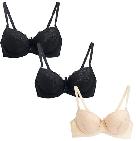 Guhmomh Push up BH Damen mit Bügel 3er Pack Florale Spitze Damen-BHS mit Schleifen Dekoration Klassische Lifting Comfy Bügel Bras Tshirt Bralette Atmungsaktiv Top V-Ausschnitt Bustier Schwarz Beige S