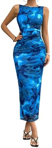 Sukiglam Vestito Donna Elegante Maxi Abiti Senza Maniche Collo Rotondo Abito Lungo Sexy Stampa Floreale Aderente Vestiti della Sera e Cerimonia Estiva Abito Bodycon Tubino per Feste Cocktail Nozze