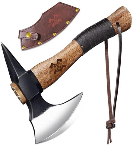 Beil Axt Outdoor Spaltaxt für Holz,Handgeschmiedet Handbeil mit Kuhfuß,Bushcraft Axt mit Holzgriff und Lederscheide