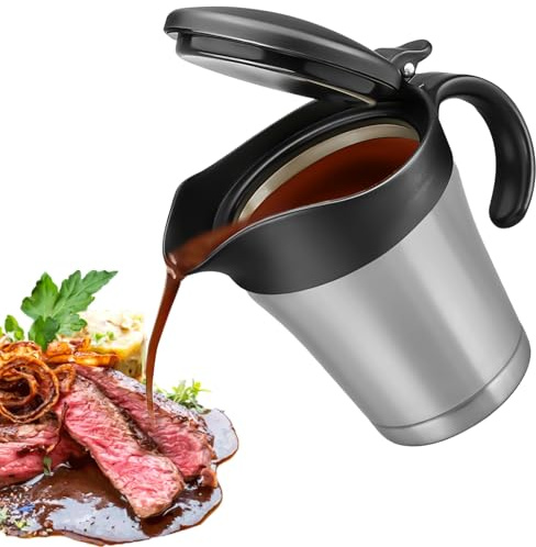 LEKEFETO 304 Stainless Steel Sauce Jug 450 ml: Sauce Jug with Black Lid, Double-Walled Sauce Jug for Steak Sauce, Elegant Silver Thermal Gravy Boat Sauce Jug for Holiday Buffets (Black/Silver)
