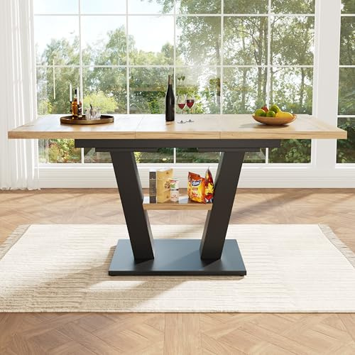 Kelodan Esstisch 118-157x70x75cm Teleskoptisch, Küchentisch, Ausziehtisch, mit Hilfe innenliegender Einlegeplatten auf 118-157cm ausziehbar, für Küche und Wohnzimmer, Holzfarbener Tisch