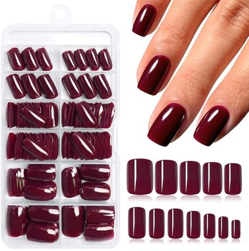 TESGADGETS 240 Stück burgunderrote, kurze künstliche Fingernägel zum Aufkleben mit Klebestreifen, quadratische Acrylnägel, weinrote Stiftnägel, künstliche Fingernägel