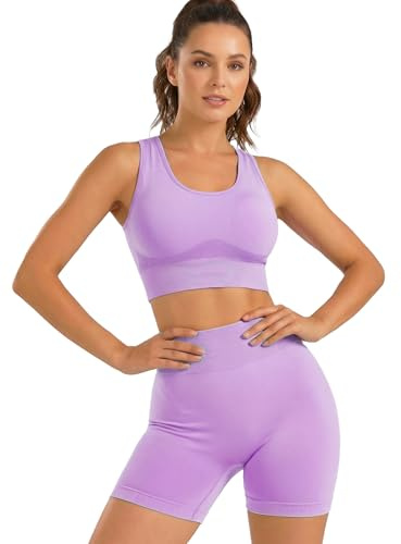 UDILEO Completo Palestra Donna 2 Pezzi Reggiseno Sportivo + Leggings Corti Vita Alta Seamless Set Yoga Fitness Effetto Push Up (S-M-L, VIOLA, TAGLIA UNICA)