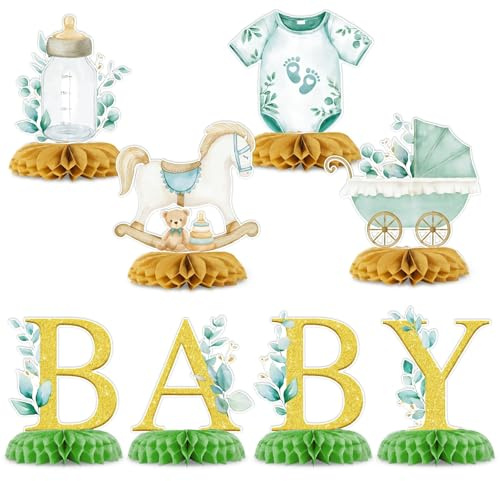 COMOOKA 6 Stück Baby Tischdeko mit Eukalyptus Design Babyparty Deko Neutral | 6 Stück Tischaufsteller mit Basis, Baby Shower Deko Grün Gold, Bienenwaben Mittelstück, Babyshowerparty Deko Junge & Mädchen