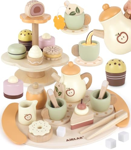 Spielküche Kinderküche Zubehör Holz 2 in 1 Kinder Teeservice und Kuchen-Set | Holzspielzeug Tee-Set mit Zuckerwürfeln und Dessert, Kuchen-Set mit Cupcakes und Ständern, Lernspielzeug Geschenk Kinder