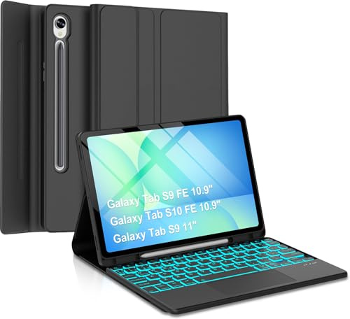 Qivxinnie Funda Teclado para Samsung Galaxy Tab S9 FE 10.9/S10 FE 10.9/S9 11, Teclado con Touchpad, QWERTY Español Ñ, Magnético Desmontable Bluetooth Teclado, Retroiluminado de 7 Colores(Negro)