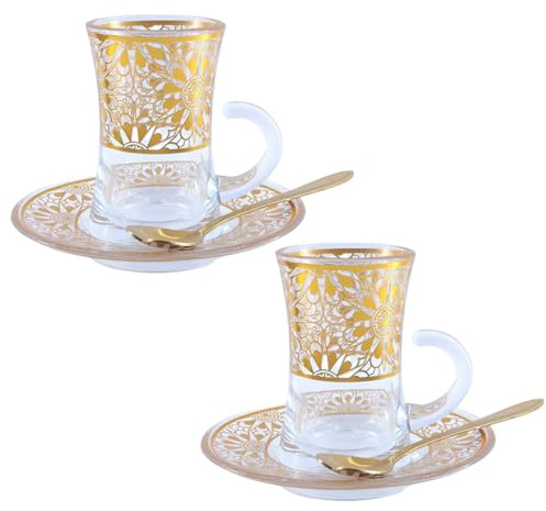 Bicchieri da tè turchi tazze e piattini, tazze da caffè espresso con motivo in rilievo oro, set di tazze da tè in vetro, tazza di vetro da 120 ml con manico, 2 fiori d'oro G
