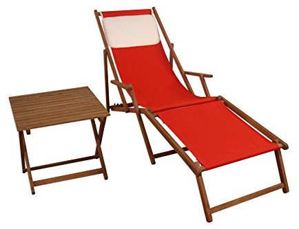 Lungo sdraio Rosso in Faggio con braccioli poggiapiedi tavolino cuscino Beige 10-308FTKH