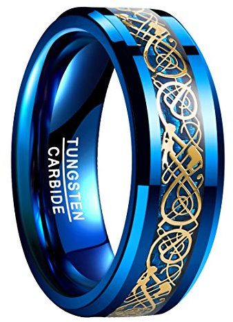 NUNCAD Bague Homme en Carbure de Tungstène, Anneau Dragon Celtique, 8 mm, Alliance de Mariage Or et Bleu Taille 60(19.1)