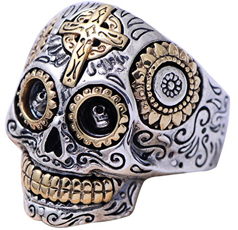Zweifarbig Echt 925 Sterling Silber Mexikanischer Zucker Totenkopf Ring Gothic Biker Schädel Schmuck für Herren Damen Größe 57-70