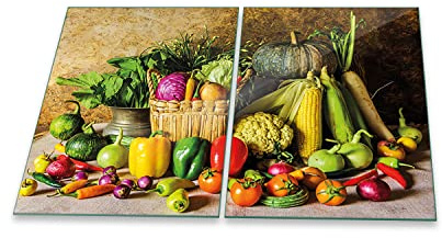 decorwelt | Herdabdeckplatten 2x40x52 cm 2-Teilig Gemüse Bunt Ceranfeldabdeckung Universal Spritzschutz Glas Deko Elektroherd Induktion für Kochplatten Herdschutz Schneidebrett Sicherheitsglas