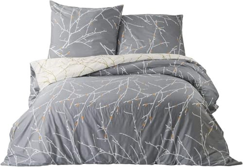 BEDSURE Bettwäsche 200x220 Baumwolle Grau - Bettwäsche-Sets 200 x 220 cm Bettbezug 3teilig mit 2 Kissenbezüge 80x80 cm, ÖKO-TEX Wendebettwäsche Bedding Zweige Muster mit Reißverschluss