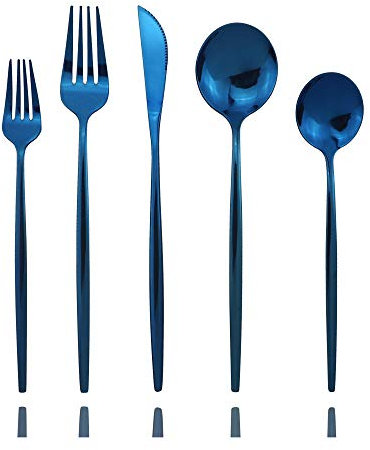 JASHII Set di posate blu lucido, 20 pezzi, in acciaio inox satinato, utensili da cucina, posate da tavola lucidate a specchio, per casa e ristorante, lavabili in lavastoviglie