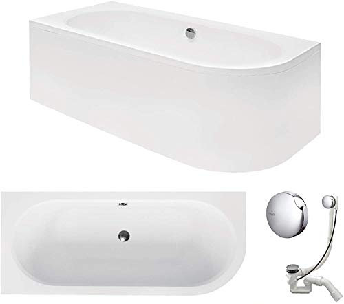 VBChome Eckbadewanne 160x75 cm – Acryl Komplett-Set 4-in-1: Wanne, Schürze, Siphon, Ablaufgarnitur in Chrom – Moderne Badewanne für 2 Personen, Links, Weißes Design