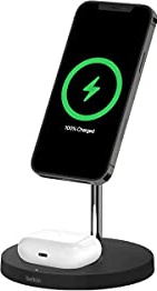 Drahtloses Belkin 2-in-1-Ladegerät mit MagSafe, (15 Watt, iPhone Ladeständer zum schnellen Laden der iPhone 14-Serie, AirPods und anderen MagSafe-fähigen Geräten mit mitgeliefertem Netzteil) – Schwarz