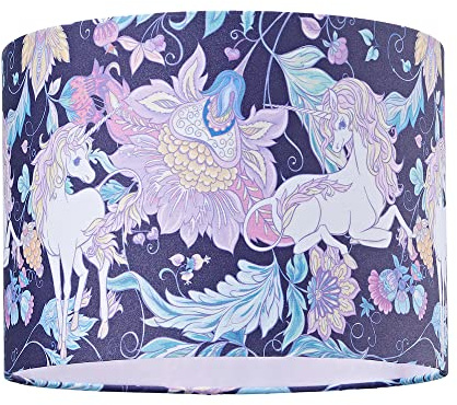 Feminine Purple and Pink Cotton Fabric Lampshade with Elegant Unicorns and Emerald Green Floral Decoration | 10 Diameter | Features Inner Lilac Cotton Fabric Lining by Happy Homewares