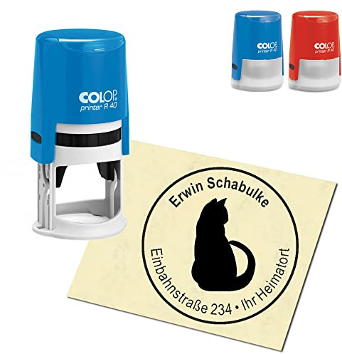 Stempel Adressstempel personalisiert - Katze Silhouette - rund ∅ 40mm Automatikstempel als Firmenstempel Namensstempel Bürostempel