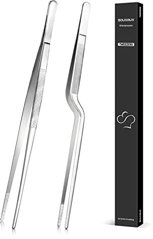 30.5cm Cooking Tweezer and Offset Tweezer Set, Tongs Precision Serrated Tips, Stainless Steel Professional Chef Tweezer Kitchen Tools for BBQ, Plating and Serving
