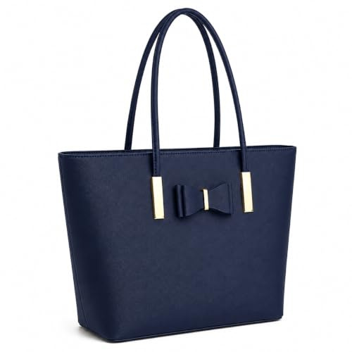 kukubird Women's Top-Handle Black Large Tote Bag Handbag Simple Shoulder Bag with Zipper for School Work Leisure-Navy