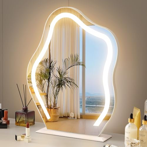 FENCHILIN Kosmetikspiegel mit Lichtern, Wolkenform, 45 x 55 cm, Hollywood-Make-up-Spiegel mit Lichtern, dimmbar, 3 Farben, LED, für Schminktisch, Wanddekoration, 10-fache Vergrößerung
