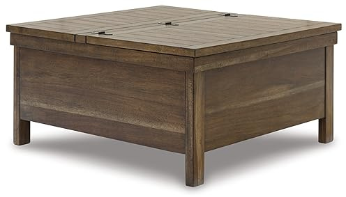 Signature Design by Ashley Moriville Rustic Hinged and Lift Top Cocktail Table with Hidden Storage, Light Brown