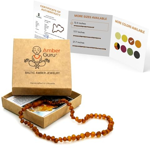 Amber Guru Baltic Amber Necklace (Authentic, Certified) - 12.5 inches - Unisex Jewelry - Raw/Unpolished Real Amber Beads - Proud to Deliver Genuine Baltic Sea Wonder Handmade (Cognac)