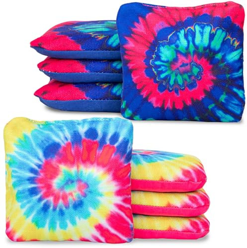 Play Platoon Pro Cornhole Bags Set of 8 - Professional Dual Sided Slick and Sticky Side Competition Corn Hole Bags - Turnier Series 4 Light Tie Dye & 4 Dark Tie Dye