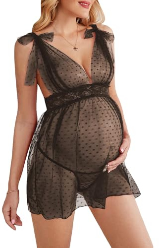 SOLY HUX Women's Maternity Polka Dots Deep V Neck Mesh Babydoll Nightgown with Thong 2 Piece Lingerie Set Pure Black Large