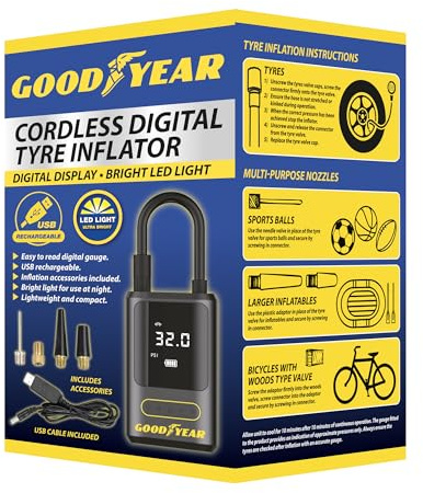 Goodyear Cordless Air Compressor Tyre Inflator with LED Light & Gauge | Portable rechargeable air pump for cars, motorcycles, bicycles and inflatables with digital pressure display