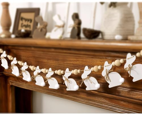 Easter Decorations Garlands, Cute Bunny Easter Garland with Wooden Beads, Rustic Banner for Mantel, Fireplace, Wall, Home, Farmhouse, Office, School Indoor Spring Decor Supplies