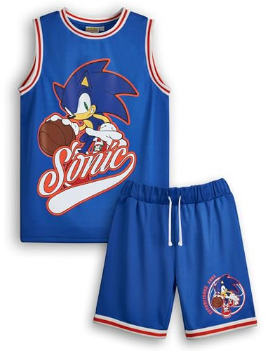 Sonic The Hedgehog Boys Basketball Jersey and Shorts Set | Kids Complete Two Piece Sports Outfit in Blue | Childrens Athletic Wear Matching Bundle | Game Character Merchandise Apparel Gift