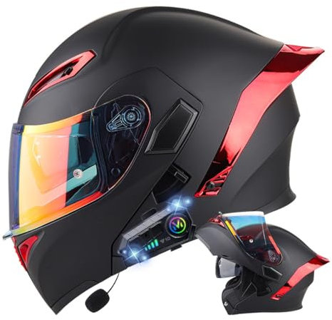RQTEUYE Klapphelm mit Bluetooth, Bluetooth Integralhelm Motorradhelm mit Doppelvisier, ECE Zertifiziert Hohe Qualität Helm, Verschiedene farbige Linsen, für Frauen Männer（22.4-25.2in）