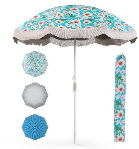 COSTWAY Sonnenschirm Strand, Strandschirm mit Fransen, UPF 50+, 30° knickbar, Terrassenschirm mit Erdspieß & Tragetasche, Gartenschirm im Boho-Stil für Balkon, Garten & Terrasse