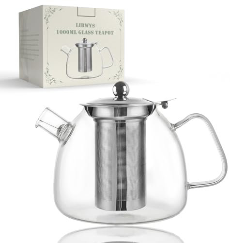 LIBWYS Glass Teapot with Removable Strainer - 1000ml, Heat-Resistant Borosilicate Glass Pot for Brewing Tea, Tea Bags & Herbs