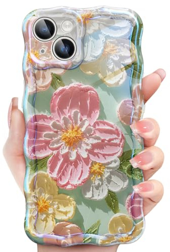 JETech Gullig Skal för iPhone 13 6,1 Tum, Färgglad Retro Oljemålning Blommig Design Lockig Vågram, Stilfull Blomma TPU Mjuk Skyddande Telefon Case för Kvinnor och Flickor (Rosa Blomma)