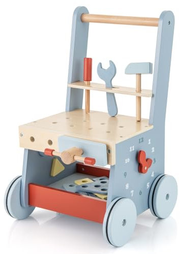 LIFEZEAL Girello Neonato in legno, Primi Passi per Bambini con Giocattoli Montessori, Carrello Primi Passi con Ruote, Gioco per Camminare, Carrellino con Banco da Lavoro per Bimbi da 3 Mesi (A)