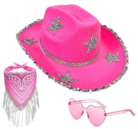 Glitzernde Cowboyhüte für Damen, glitzernde Cowgirl-Mütze | 3X klassischer Glitzer-Cowboyhut mit Sonnenbrille,Halloween-Partykostüm, glitzerndes, lustiges Cosplay-Zubehör-Set für Rollenspielpartys