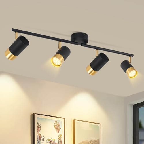 ZMH Deckenlampe LED Deckenstrahler 4 Flammig - Deckenleuchte GU10 Deckenspots Schwarzgold Flur 350° Drehbar Strahler Vintage Retro Flurlampe für Küche Wohnzimmer Schlafzimmer (Ohne Leuchtmittel)